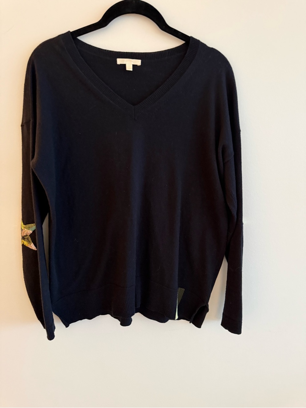 Lisa Todd Navy V-Neck Sweater with Multicolor Star Elbow Detail